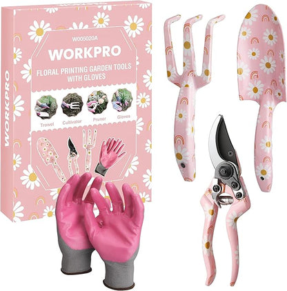 WORKPRO Aluminum Garden Tool Set, 4PCS Heavy Duty Gardening Tools with Box Include Trowel, Rake, Pruner, Gloves, Pink, Garden Gifts-Pink Ribbon