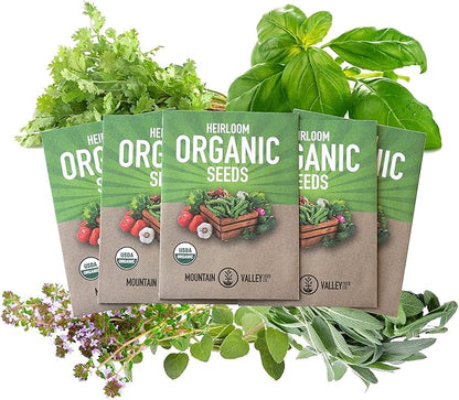 Organic Italian Herb Garden Seed Collection - 5 Non-GMO, Organic Seed Packets - Oregano, Thyme, Basil, Sage, Cilantro - Kitchen Culinary Herb Gardening Seeds