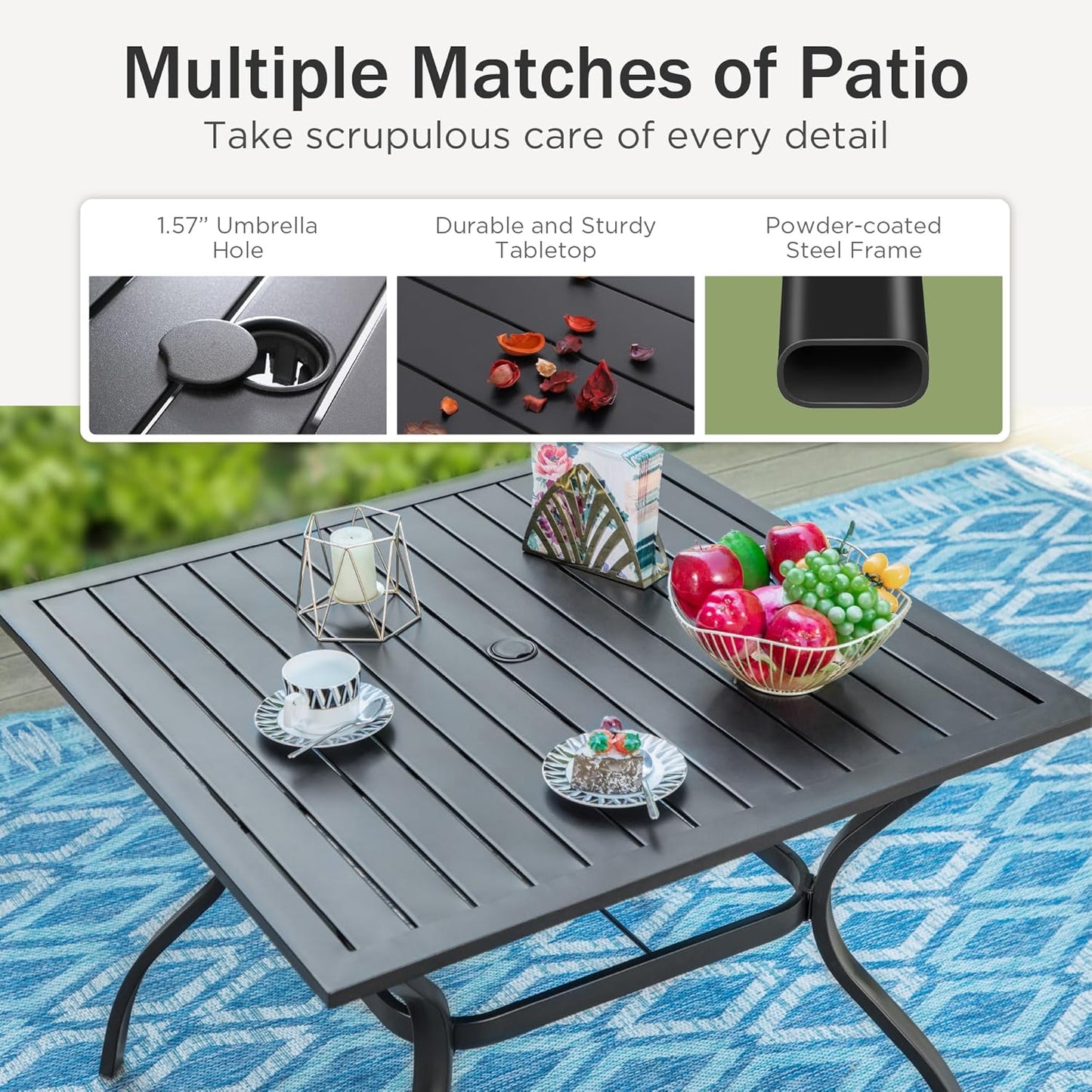 PHI VILLA 37 Inch Outdoor Dining Table Metal Steel Slat Square Patio Dining Table with 1.57" Umbrella Hole for Garden, Backyard and Porch (Classic Black)