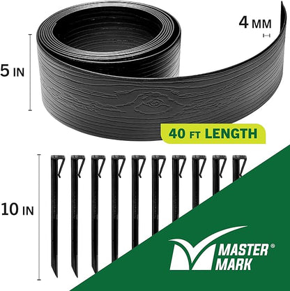 MASTER MARK Terrace Board, Landscape Coiled Edging, Grass Barrier, Bender Board, Flower Bed, Vegetable Garden Borders 5 in. x 40 ft. with 10 Stakes (Black)