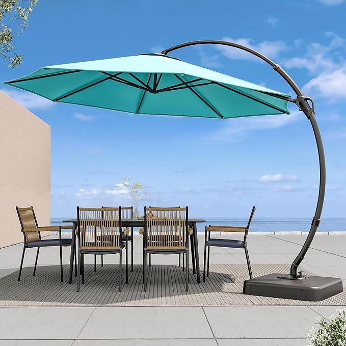 LAUSAINT HOME Outdoor Patio Umbrella with Base, 12 FT Deluxe Curvy Cantilever Umbrella Heavy Duty Offset Hanging Umbrella with 360° Rotation for Market, Pool, Garden, Backyard, Deck (Turquoise Blue)