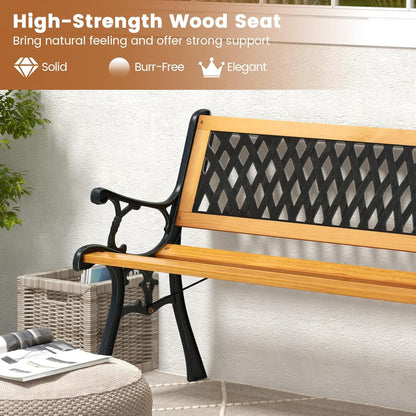 Tangkula Outdoor Garden Bench Park Bench, Patio Bench Chair with Cast Iron & Hardwood Structure, Weather Proof Porch Outdoor Furniture Loveseat, Perfect for Backyard, Deck, Lawn, Poolside
