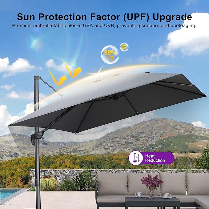 PURPLE LEAF 10 FT Cantilever Patio Umbrella with Base Outdoor Aluminum Offset Square Umbrella with 3 Years Fade Resistance Recycled Fabric and 360-degree Rotation for Deck Pool Gard, Mist Grey