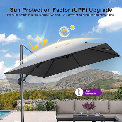 PURPLE LEAF 10 FT Cantilever Patio Umbrella with Base Outdoor Aluminum Offset Square Umbrella with 3 Years Fade Resistance Recycled Fabric and 360-degree Rotation for Deck Pool Gard, Mist Grey