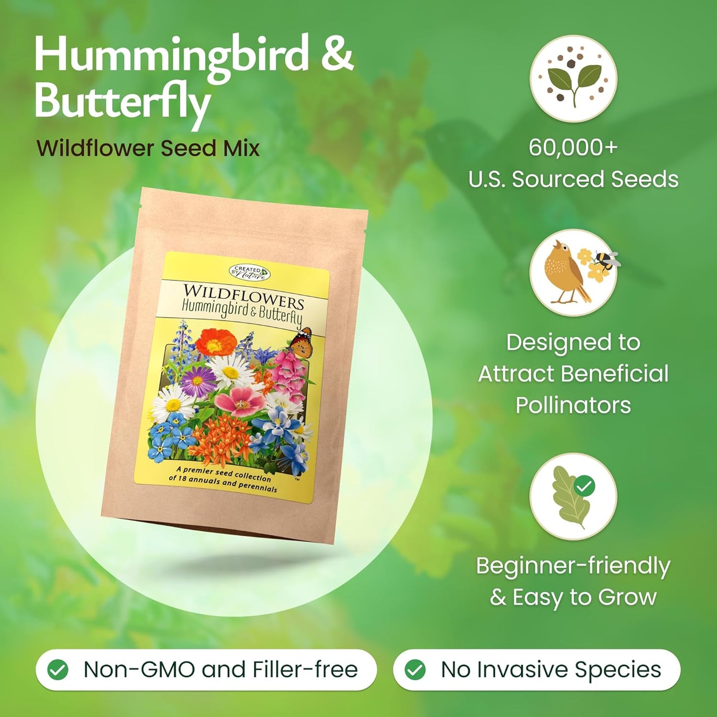 Created By Nature Hummingbird & Butterfly Wildflower Seed Mix, 18 Varieties, 60,000 Wildflower Seeds