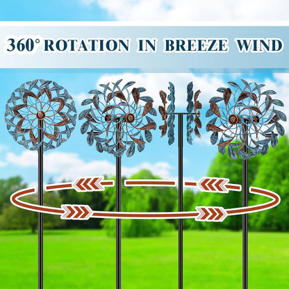 360° Wind Spinners Outdoor, Wind Sculptures Windmill with Metal Stake, Kinetic Large Metal Yard Art Decor Spinners Pinwheels for Garden Outside Patio Lawn, 63.2 * 13.2"