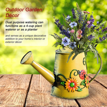 Decorative Sunflower & Ladybug Metal Watering Can (Vol: 4 Cups) | Small Yellow Watering Can | Garden Décor Housewarming Gift for Mother Women Friends Gardeners