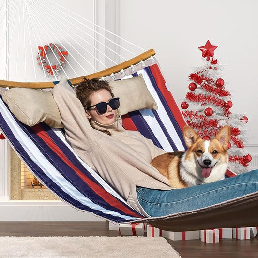 Double Hammock, 11 FT Quilted Fabric 2 Person Hammock for Outside with Pillow, Folding Curved Spreader Bar, Chains, Carrying Bag, Indoor Outdoor, 450 IB Capacity, Trinidad Red