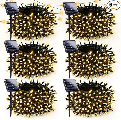 6 Pack Solar Christmas Lights Outdoor Waterproof, 600 LED 198 FT Solar Powered String Lights Outdoor with Green Wire 8 Lighting Modes, Mini LED Xmas Tree Light for Fence Party Decorations, Warm White