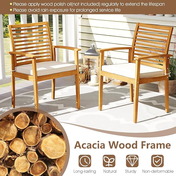 Tangkula 7 Piece Patio Acacia Wood Dining Set for 6, Patio Rectangle Table with Umbrella Hole & 6 Cushioned Armchairs, for Backyard Garden Poolside Deck, Natural