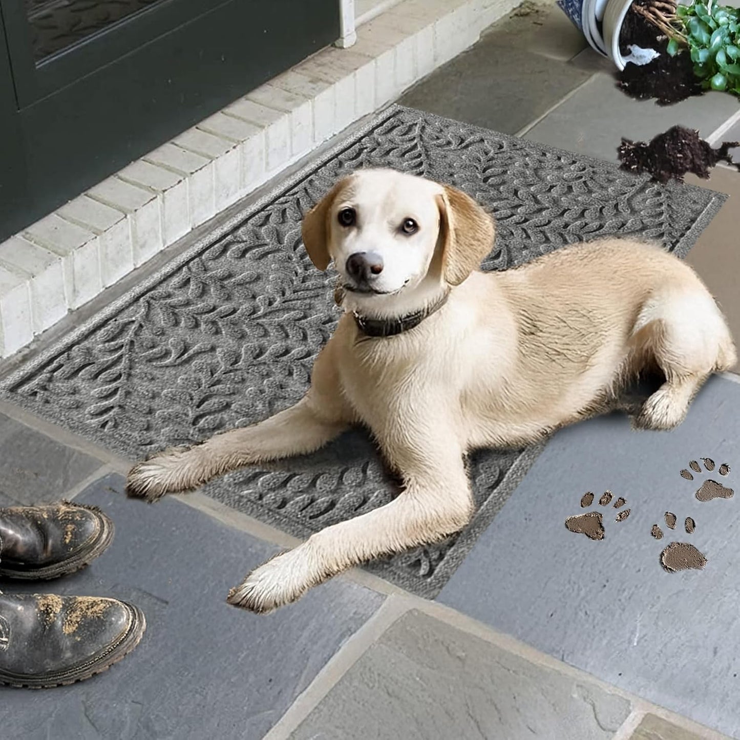 WaterHog Indoor/Outdoor Door Mat, 2' x 3' Made in USA, Durable & Skid-Resistant Front Door Rug, Decorative, Water-Trapping & Heavy-Duty Entryway Floor Mat For Your Home, Boxwood Collection Medium Grey