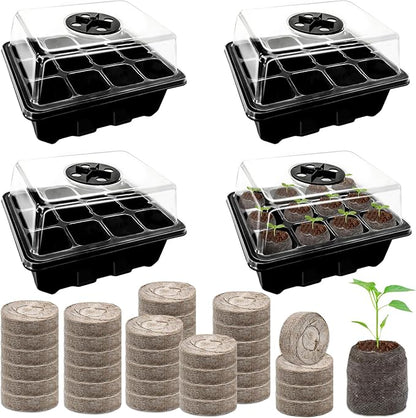 Halatool 4 Pack Seed Starter Tray with 50 PCS Peat Pellets, 48 Cells Black Seeding Starter Trays for Organic Seed Starter Soil Pods for Planting Vegetables Plants Flowers - Starting Seeds Kit