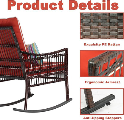 DECMICO Outdoor Rocking Chairs 3 Pieces Patio Conversation Front Porch Furniture, Wicker Rocking Chairs Bistro Set with Coffee Table and Cushions for Garden and Balcony, Orange