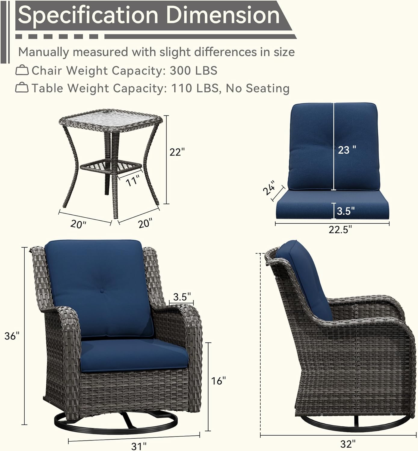 2 Pieces Outdoor Swivel Rocker Patio Chairs Set - Outdoor Wicker Patio Conversation Sets with 1 Side Table, Olefin Fabric Cushions Suitable for Backyard Deck and Porch, Blue