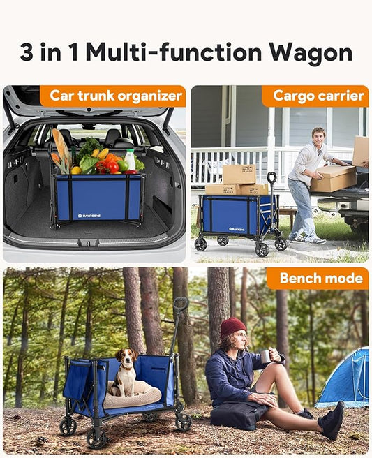 Collapsible Wagon Cart with Wheels 220lbs Foldable Wagon 120L Shopping Cart for Groceries Folding Utility Wagon for Beach, Garden, Camping, Sport, Wheelbarrows, Indigo