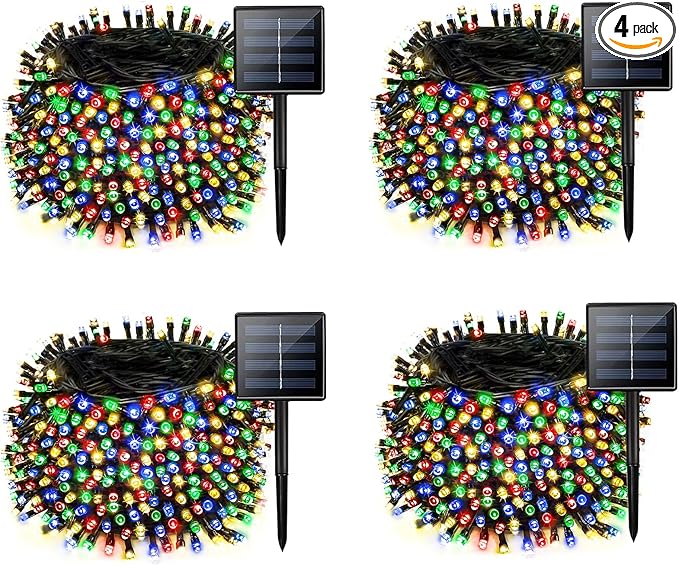 4 Pack Solar Chrismas Lights Outdoor, 170 FT Total 480 LED Solar String Lights for Outside with 8 Modes & Memory Function, Waterproof Twinkle Light for Xmas Tree Yard Party Decorations (Multicolor)