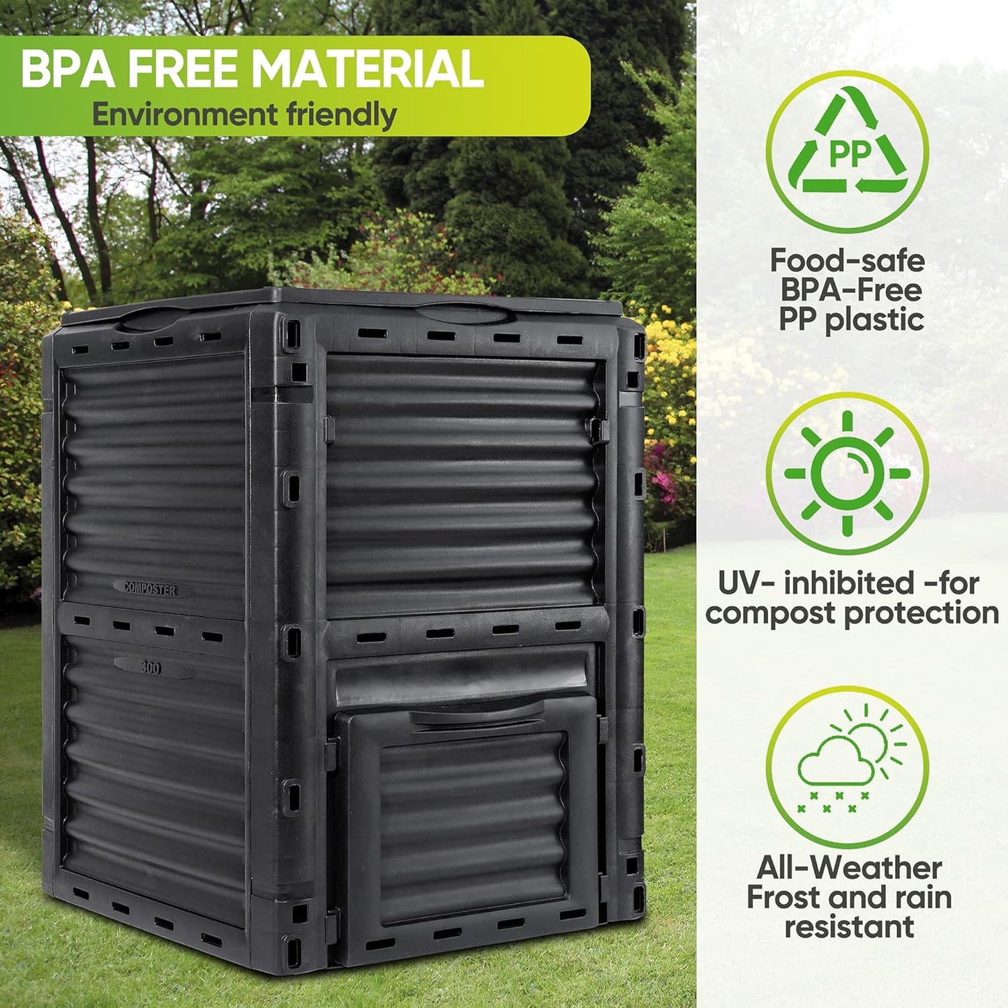 JupiterForce Garden Compost Bin 80 Gallon (300 L) from BPA Free Material, Large Composting Bin Outdoor Composter, Easy Assembling, Fast Creation of Fertile Soil, Lightweight, Black