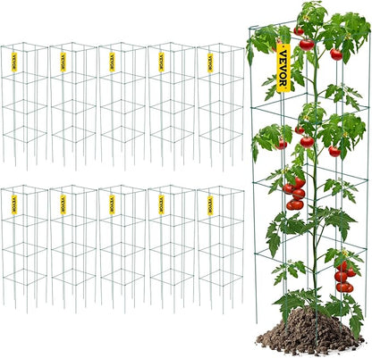 VEVOR Tomato Cages, 11.8" x 11.8" x 46.1", 10 Packs Square Plant Support Cages, Green PVC-Coated Steel Tomato Towers for Climbing Vegetables, Plants, Flowers, Fruits