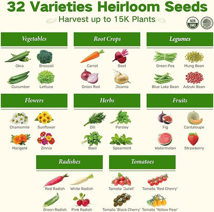 Lush&Dew Raised Garden Bed Heirloom Seed Bank, 32 Varieties 30,000+ Non-GMO Survival Seeds for Planting Vegetables Herbs Fruits, Gardening Gifts for Women Men, Seed Vault Kit, Emergency Food Supplies