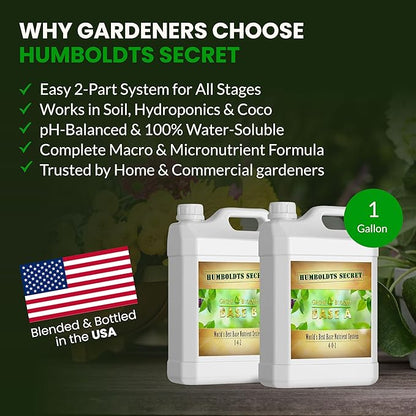 Humboldts Secret Base A & B Liquid Hydroponic Fertilizer | Complete Hydroponic Nutrients for Indoor and Outdoor Plants | Supports Healthy Vegetative Growth and Flowering Stage | 1 Gallon