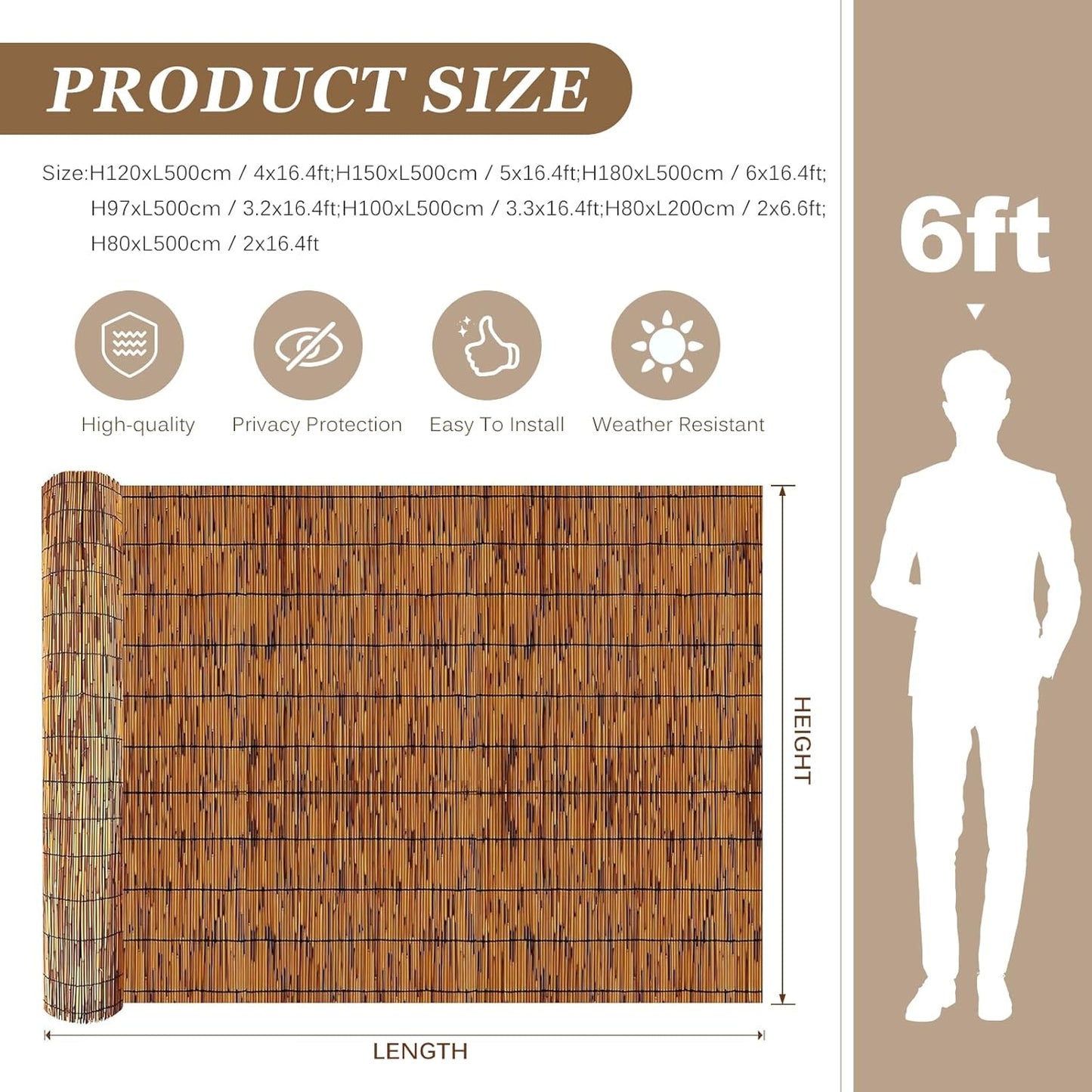 Natural Reed Fencing Rolls: Privacy Bamboo Fence 3/4/5/6ft High Roll Reed Screen, Decorative Bamboo Fencing for Outdoor Balcony Patio Garden Backyard,with Cable Zip Ties(Coffee, 3.3x16.4ft)