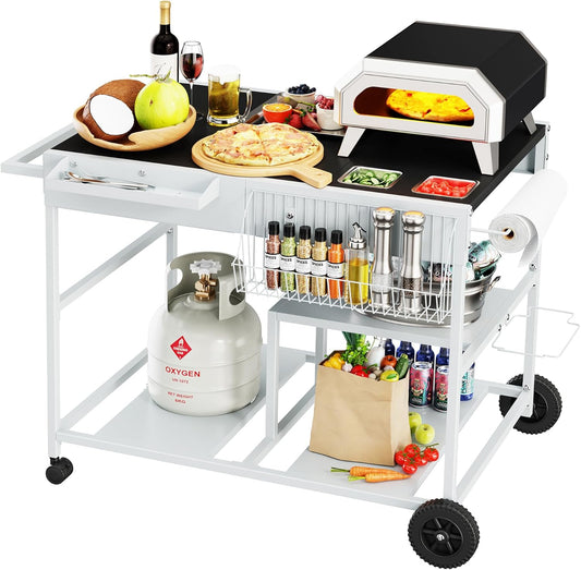JY QAQA Outdoor Pizza Oven Stand with Condiment Shelf, Outdoor Cooking Cart, Grill Worktable for Patio, Food Prep Station Fits Ninja Woodfire Grill, Cuisinart Grill, Blackstone Griddle