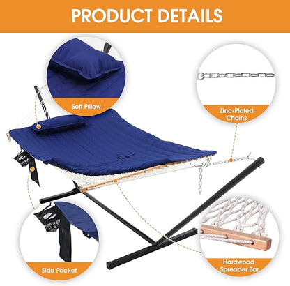 Lazy Daze Hammocks Double Outdoor Hammock with 12 ft Steel Stand, 2 Person Cotton Rope Hammock with Quilted Pad, Spreader Bars, Detachable Pillow, Mag Bag & Cup Holder, Blue
