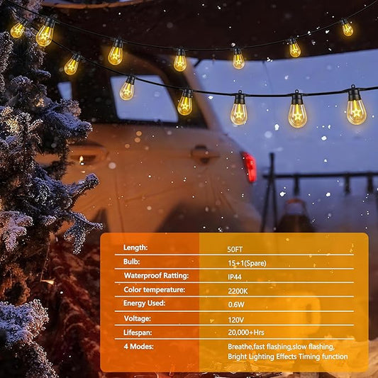 LED Christmas Lights, 50FT Patio Lights with 16Pcs Shatterproof S14 Bulb(1 Spare),4 Lighting Mode, Connectable,Waterproof Warm White Edison Plastic Bulb Hanging Light for Yard Gazebo Porch Décor