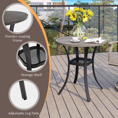 VICLLAX 27.5" Outdoor Round Patio Table for Lawn Garden, All Weather Metal Round Patio Dining Table with Storage Shelf, 2 Person Small Patio Table, Grey Wood-Like Tabletop