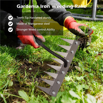 Iron Weeding Rake 2.0, New 5/6/7/8 Garden Weeder Rakes, Heavy Duty Yard Rake Hand Weeder Puller Tool for Efficient Weed Removal, Soil Cultivation, and Lawn Care, Without Stick (8 Teeth)