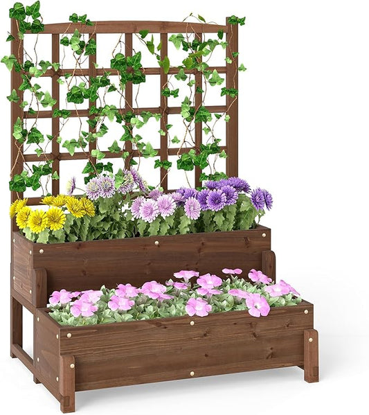 HAPPYGRILL Raised Garden Bed with Trellis, Drainage Holes, 2-Tier Wooden Elevated Planter Box w/Legs for Climbing Plants Vine Flower Herb Vegetable Fruit, Outdoor Garden Box for Patio Balcony
