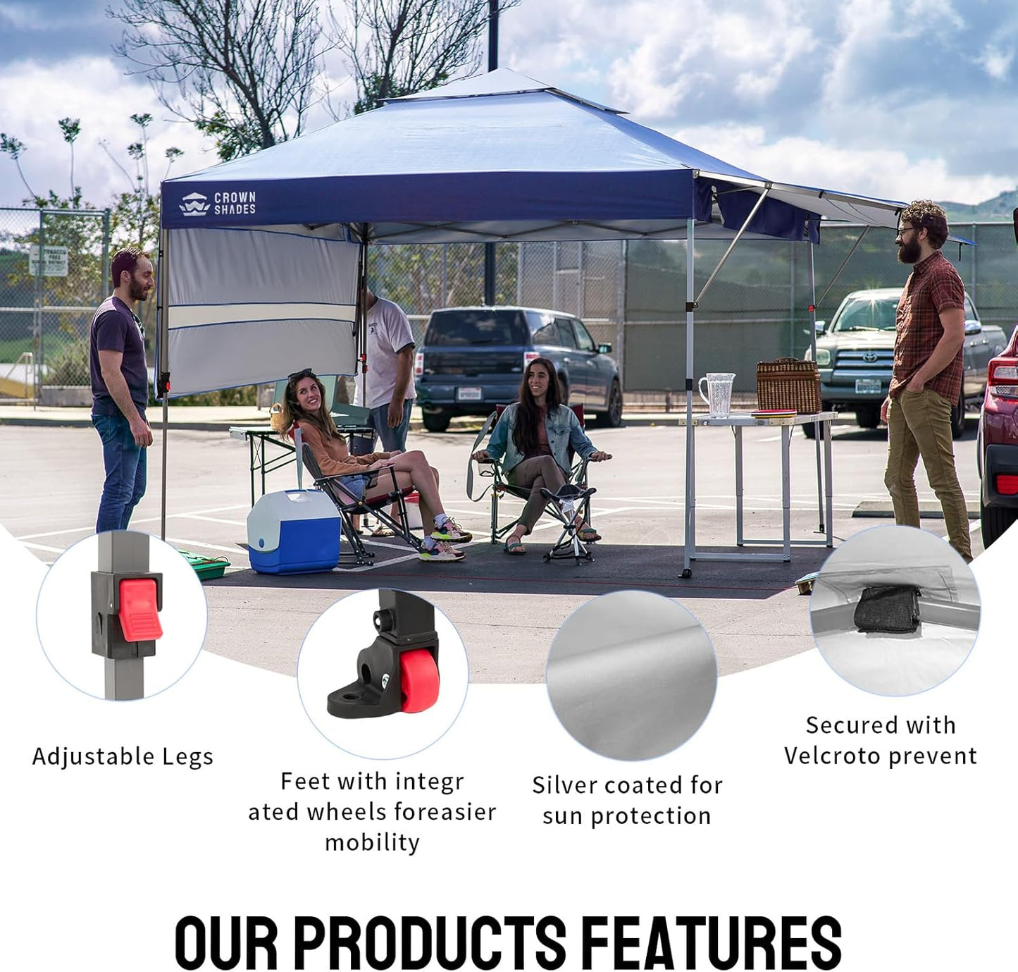 CROWN SHADES 10x10 Pop up Canopy Tent Patended Centerlock Instant Commercial Canopy with 150D Silver Coated Fabric Including 2 Extend Awnings, 4 Ropes, 8 Stakes, 4 Weight Bags, Navy Blue