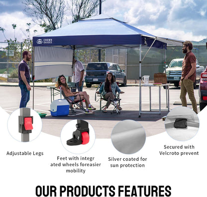 CROWN SHADES 10x10 Pop up Canopy Tent Patended Centerlock Instant Commercial Canopy with 150D Silver Coated Fabric Including 2 Extend Awnings, 4 Ropes, 8 Stakes, 4 Weight Bags, Navy Blue