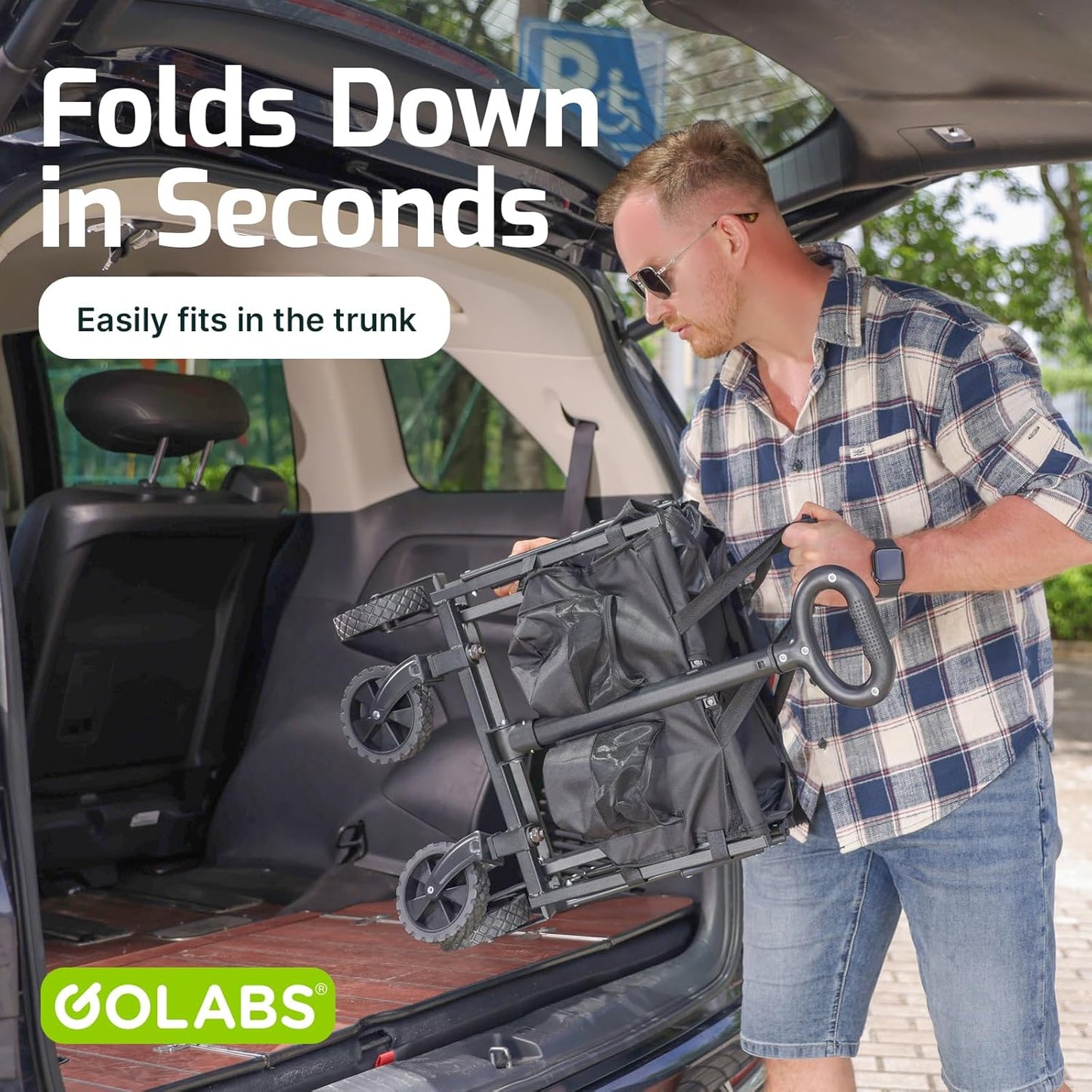 Golabs Collapsible Wagon Cart Max 350lb Load & Expandable Storage 100L, Double Bearing Design for Flexible Steering, Foldable Heavy Duty Garden Cart with 2 Cup Holders for Groceries, Garden & Camping