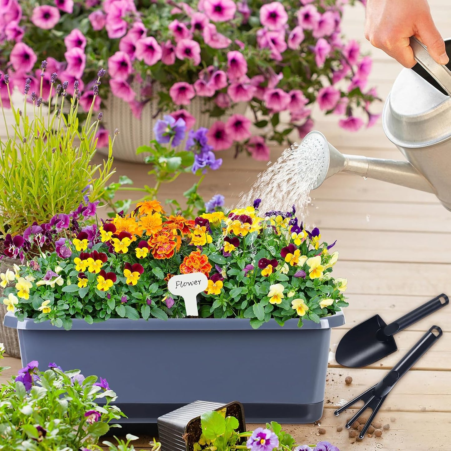 Window Box Planter 6 Pcs, 18 Inches Rectangle Flower Pots with Drainage Holes and Trays, Vegetable Planters for Windowsill Patio Garden Balcony Home Porch Yard Indoor Outdoor (Grey, 18*10*6 inch)