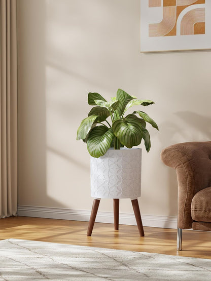 12 Inch Planter Pot with Stand, Planter for Indoor Plants, Modern Large Flower Planter Pot with Drainage Holes for Outdoor,Matte White