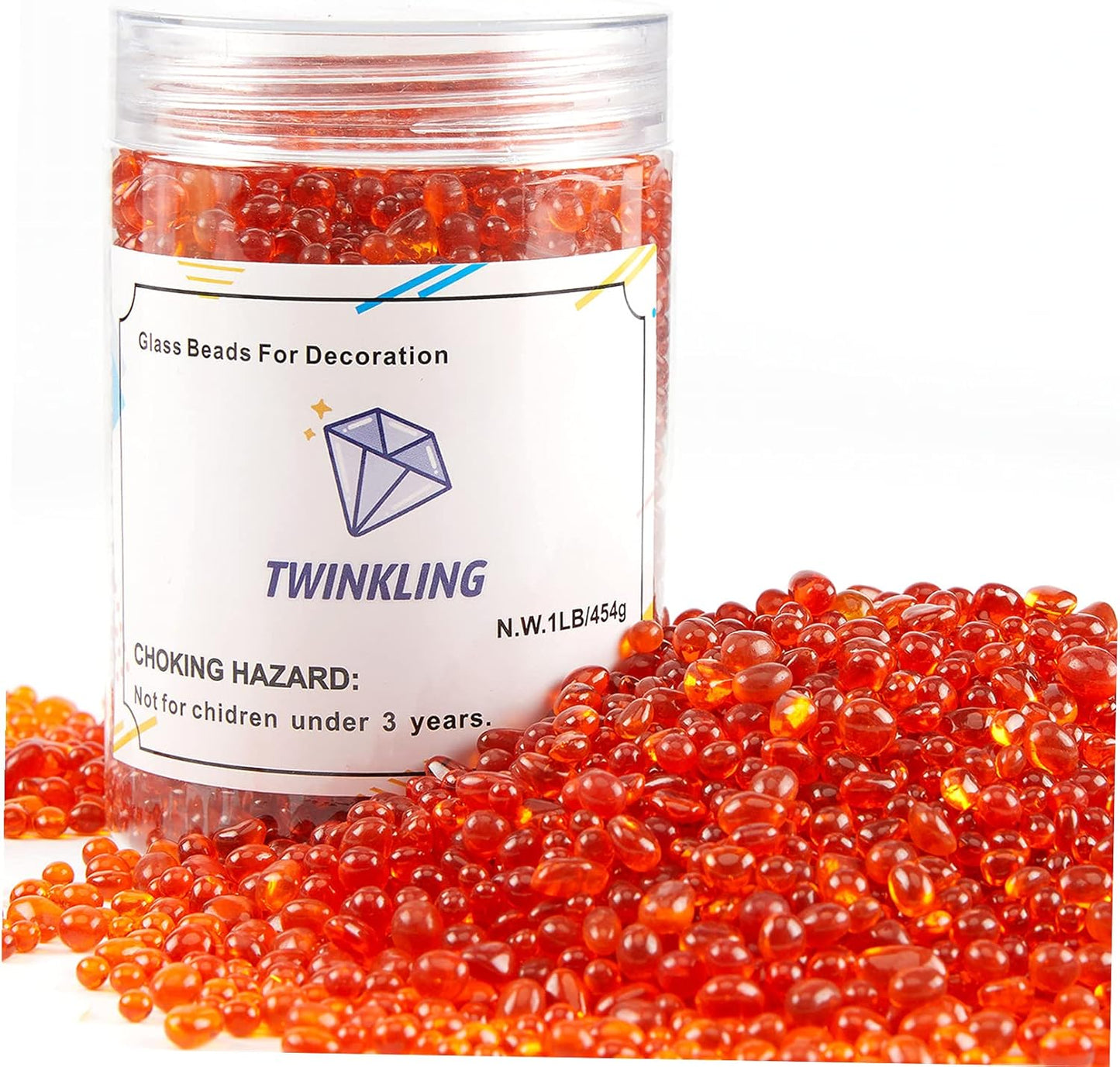 TWINKLING High Luster Round Fire Glass Stones,Glass Marbles Pebbles,Glass Beads Gems for Fire Pit Vase Fillers Crafts Aquarium Garden Decoration,3-6mm,1-Pound Jar (Orange Red)