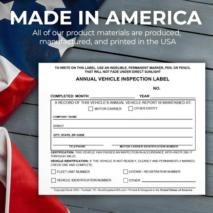 25 Pack Buck Annual Vehicle Inspection Label, 2-Ply Adhesive Vinyl with Mylar Laminate, FMCSA & DOT Compliant, Weatherproof, Tear Resistant, Easy to Write On, 5" x 4" - Made in USA