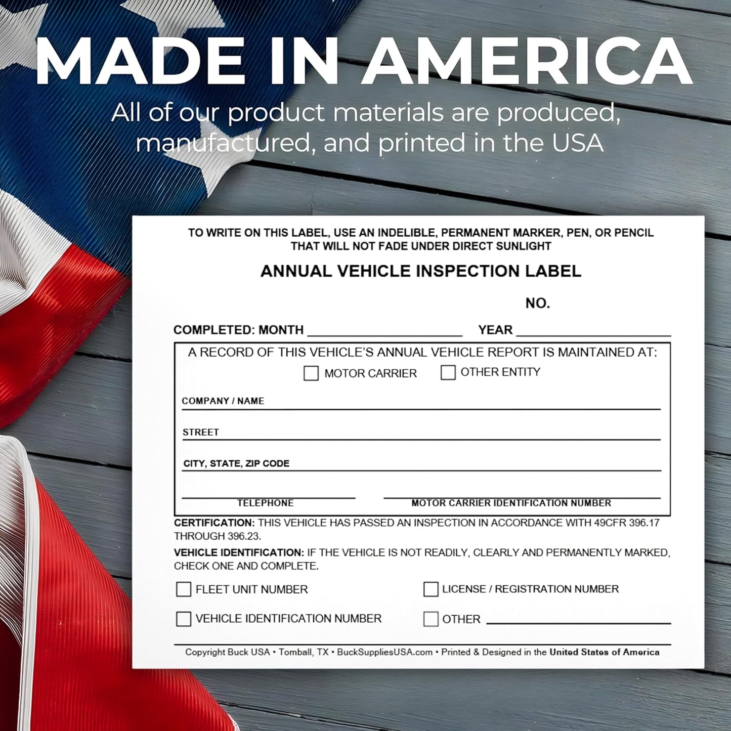 100 Pack Buck Annual Vehicle Inspection Label, 2-Ply Adhesive Vinyl with Mylar Laminate, FMCSA & DOT Compliant, Weatherproof, Tear Resistant, Easy to Write On, 5" x 4" - Made in USA