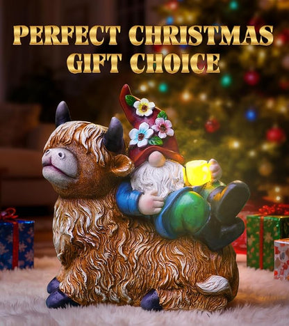 Christmas Garden Gnomes Statues Sitting On Highland Cow, Hold Solar Cup, Outdoor Decorations for Patio,Yard, Highland Cow Christmas Decorations
