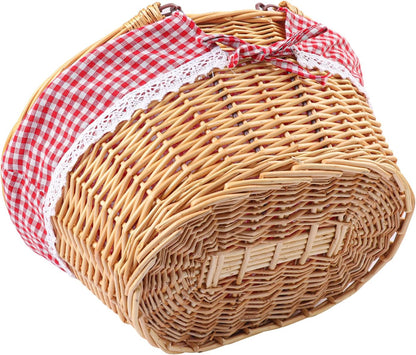 14.2 Inch Natural Wicker Basket with Linen Cotton Cloth Lining, Oval Wicker woven Basket with Handle, Willow Woven Picnic Baskets for Picnic, Camping, Party(Large)