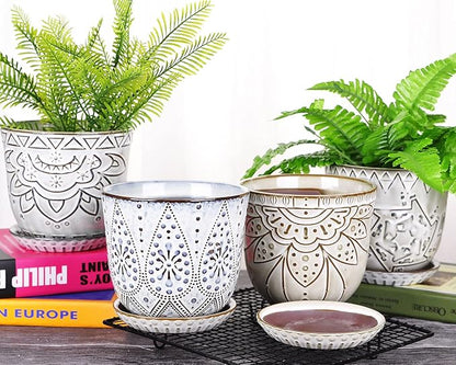 VanEnjoy 5.9 inch Round Bohemian Style Ceramic Planter, Geometry Engrave Off White Brown Succulent Planter Flower Pot, Indoor Outdoor Decorative Planter