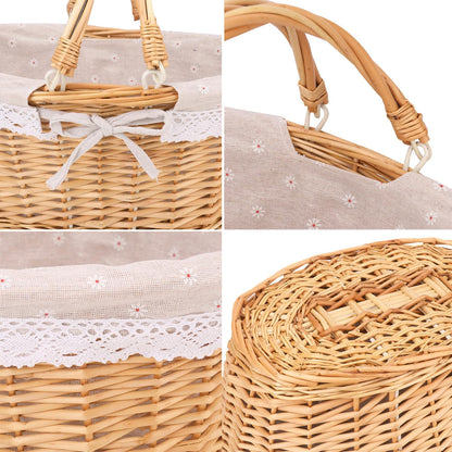 2 Pack 12.6 Inch Natural Wicker Basket with Linen Cotton Cloth Lining, Oval Wicker Woven Basket with Handle, Willow Woven Picnic Baskets for Picnic, Camping, Party(Small)