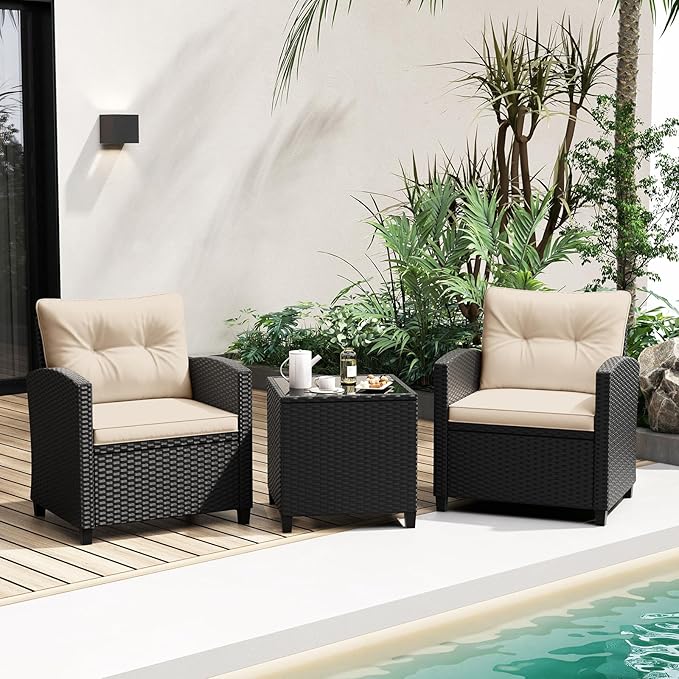 RELAX4LIFE 3-Piece Patio Furniture - Wicker Rattan Bistro Sofa Set w/Glass Top Coffee Table, Washable Cushions for Porch Balcony Backyard Poolside, Outdoor Conversation Set (Beige)