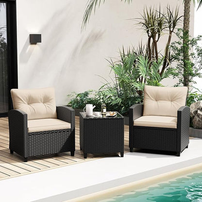 RELAX4LIFE 3-Piece Patio Furniture - Wicker Rattan Bistro Sofa Set w/Glass Top Coffee Table, Washable Cushions for Porch Balcony Backyard Poolside, Outdoor Conversation Set (Beige)