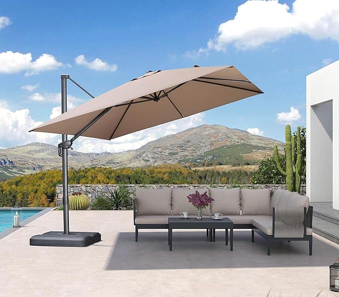 PURPLE LEAF 10 FT Outdoor Umbrella with Base Patio Cantilever Aluminum Umbrella with 3 Years Fade Resistance Recycled Fabric Offset Square with 360-degree Rotation for Deck Pool Garden, Sand Dune