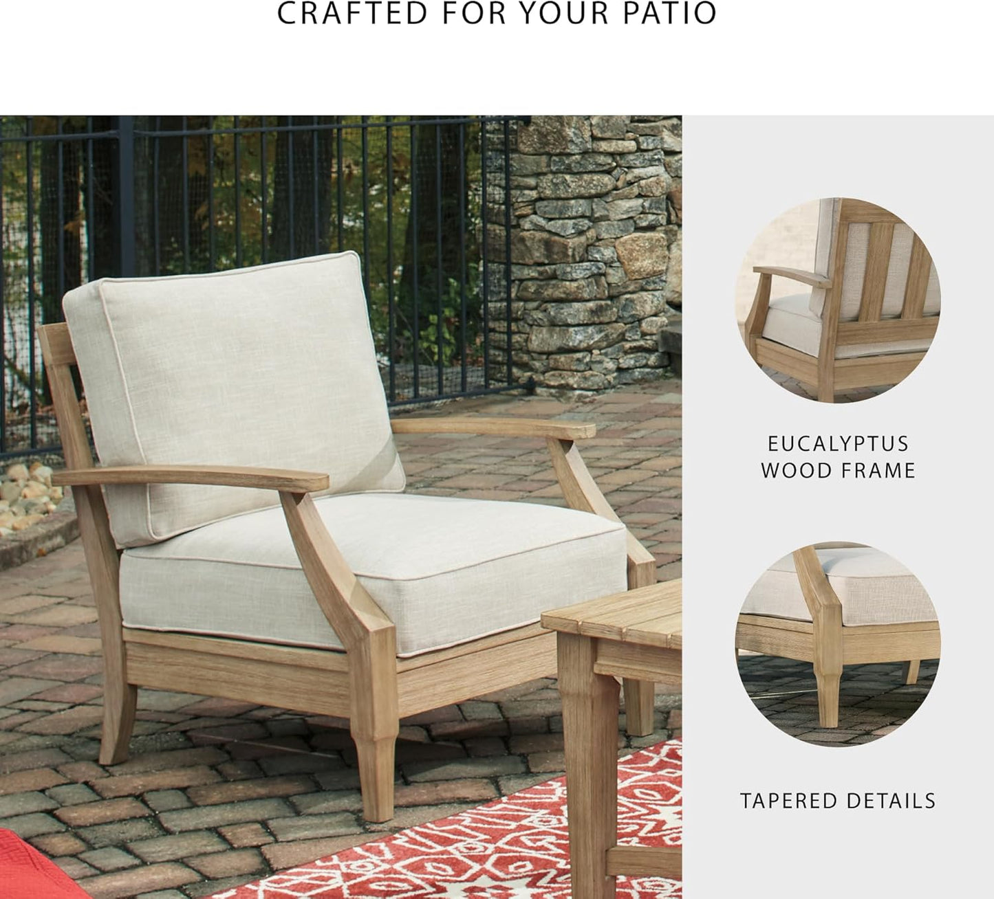 Signature Design by Ashley Clare View Outdoor Eucalyptus Wood Single Cushioned Lounge Chair, Beige