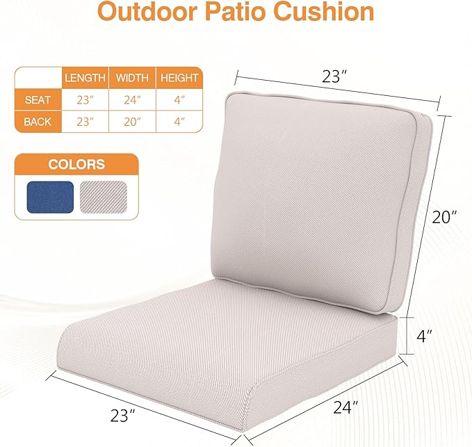 Outdoor Chair Cushions 23" x 24" x 4", Patio Deep Seat Replacement Cushions Set with Zippered Removable Cover, Weather-Resistant Olefin Fabric for Garden Chair Sofa Couch, Beige