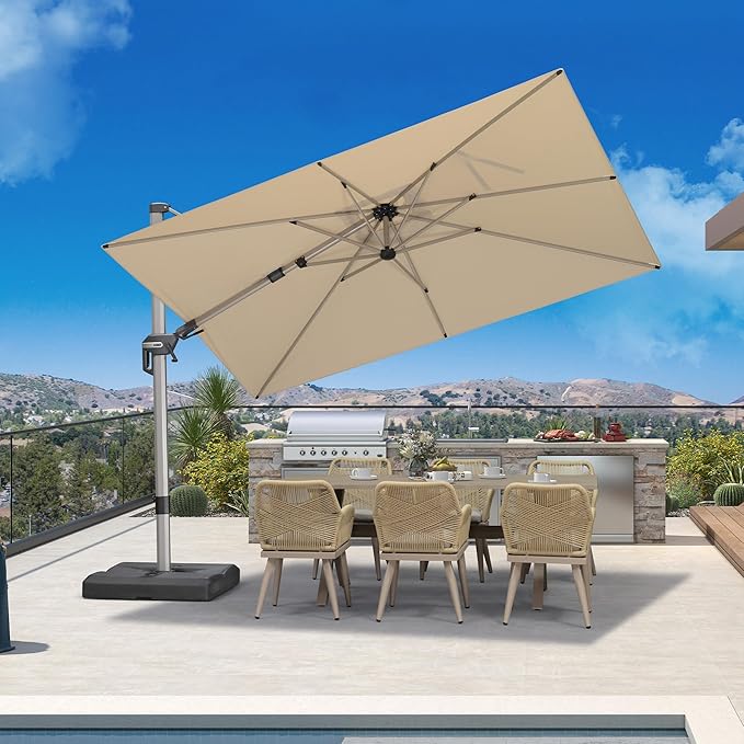 PURPLE LEAF 10' X 6.5' Left-right Tilting Patio Umbrella Outdoor Swivel Cantilever Umbrella Aluminum Offset Umbrella with Champagne Frame and 360-degree Rotation for Garden Deck Pool, Beige