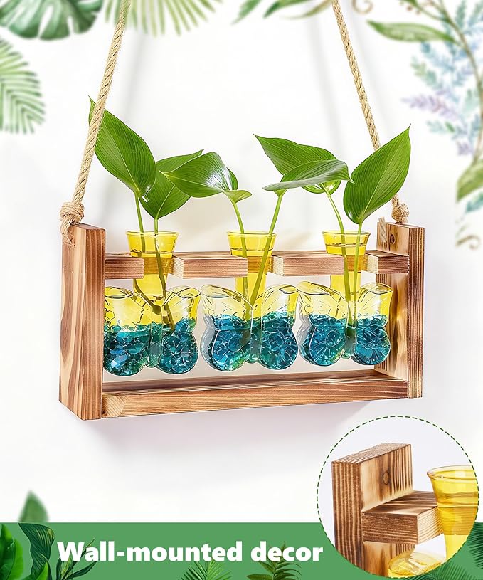 Nacome Butterfly Vase Propagation Stations: Glass Plant Terrarium with Wooden Stand for Home Office Desk Decor, Unique Gifts for Plant Lovers Women Mom (Yellow)